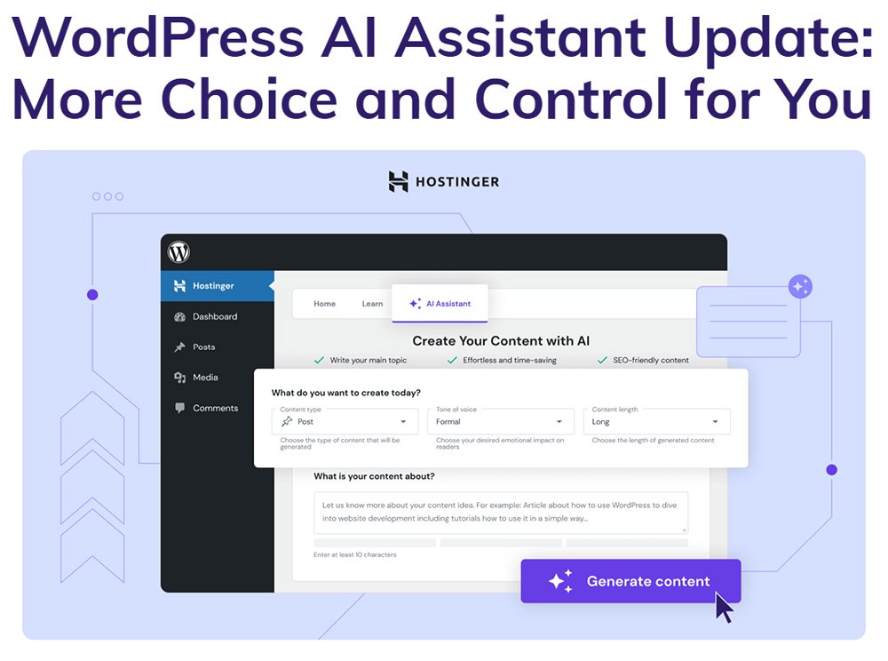 A page on the Hostinger AI Assistant website, showing the plugin's interface and an arrow hovering over a "Generate content" button