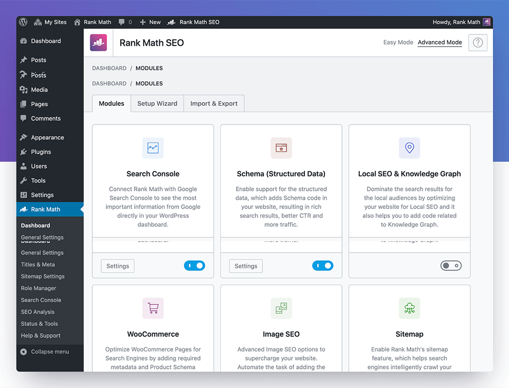 The Rank Math SEO WordPress backend, with a focus on the Modules panel and its contents