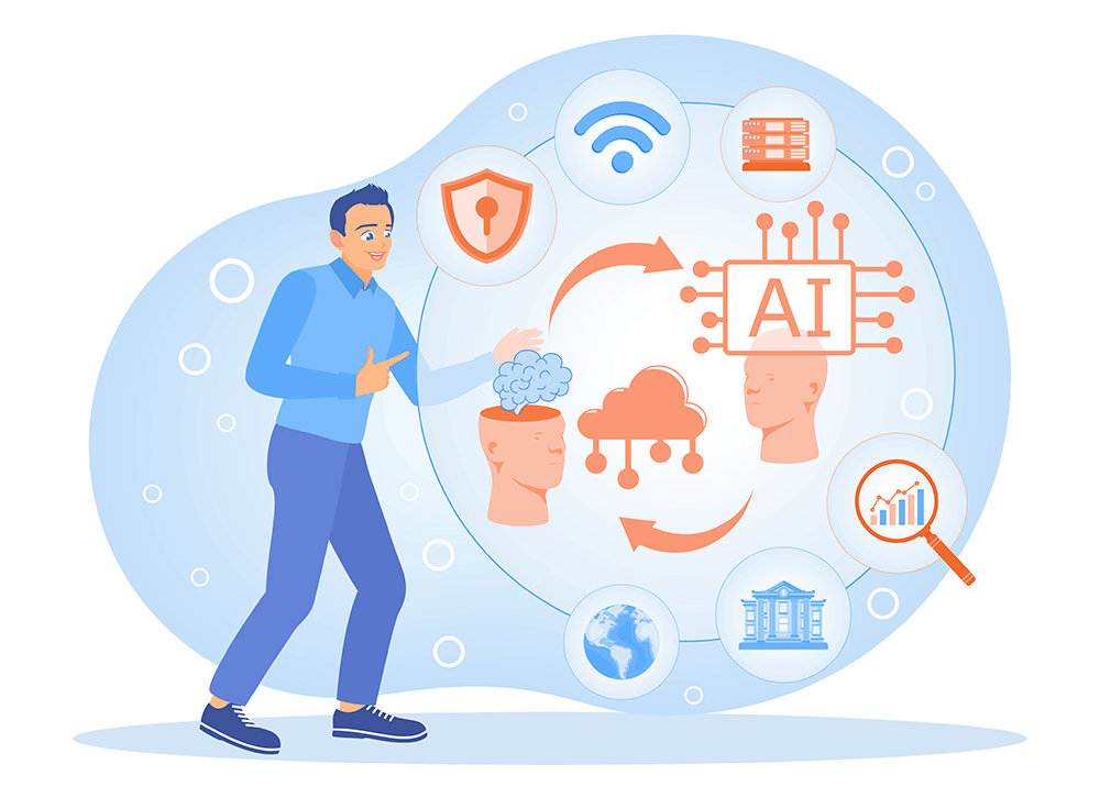 A man looking at various symbols related to AI, computer technology, and ecommerce