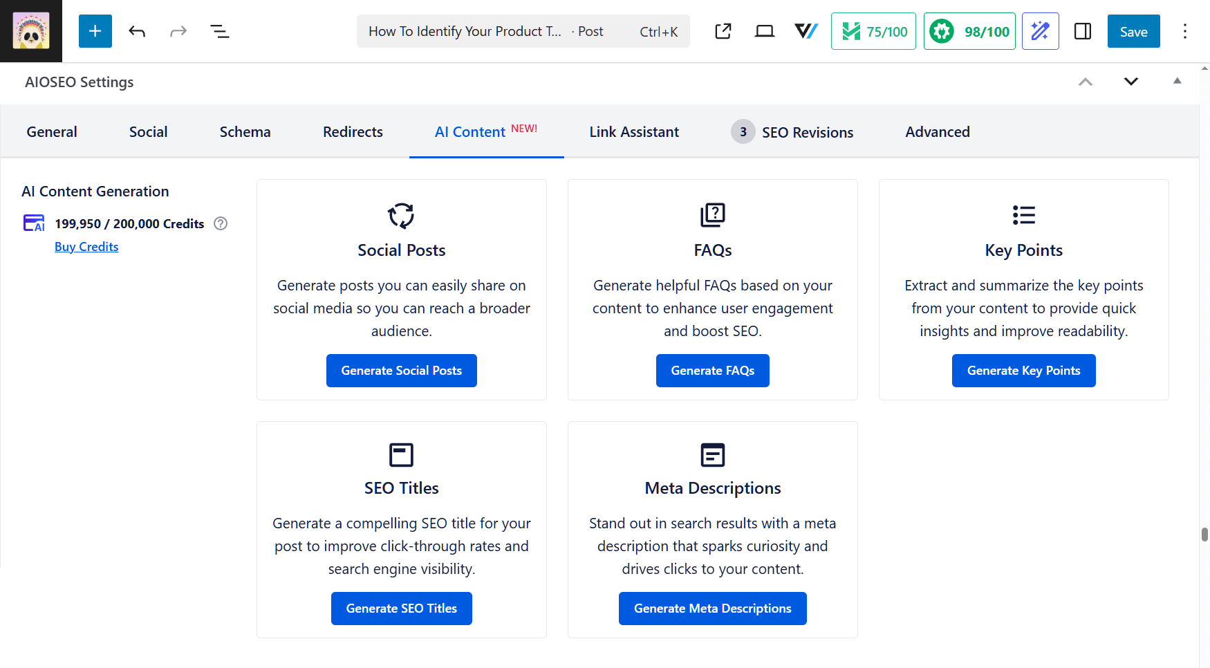 A user interface displaying AI content generation options for SEO, including features like generating social posts, FAQs, and meta descriptions.