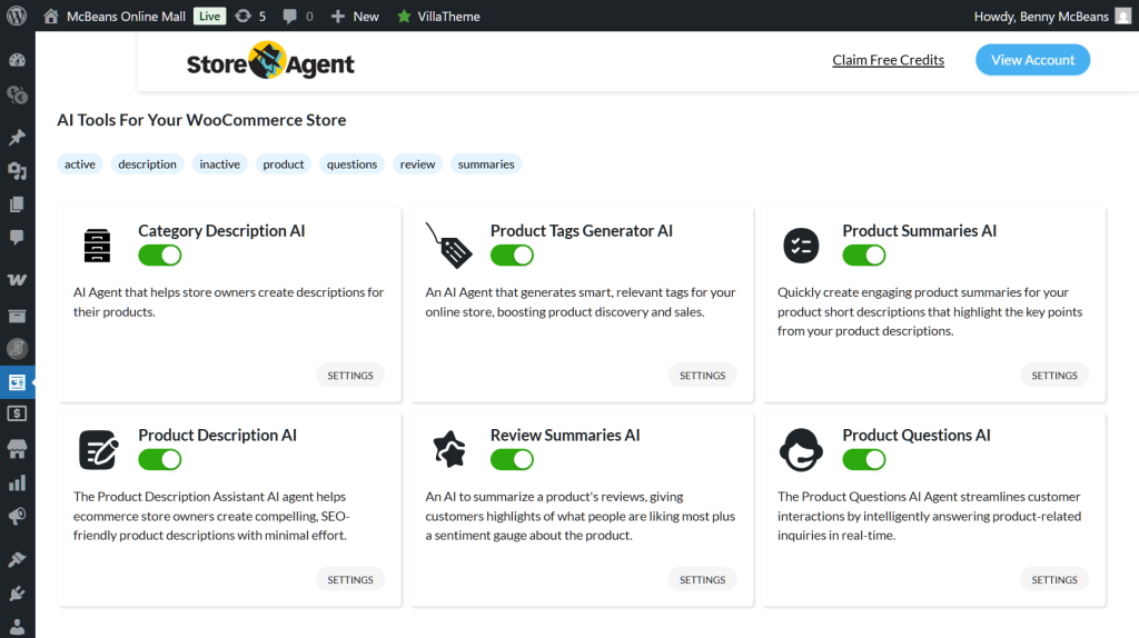 The StoreAgent interface with the Categories Description AI, Product Tags Generator AI, Product Summaries AI, Product Description AI, and Review Summaries AI activated.
