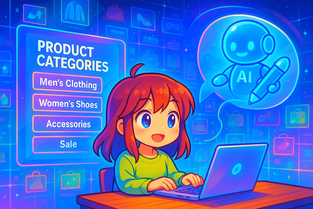 anime-girl-and-ai-generated-category-descriptions - StoreAgent a cute anime girl using her laptop as an AI hologram helps her while holographic products and product categories float behind her