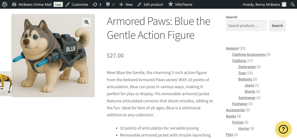 A product page for a husky action figure, featuring a circular button in the lower right corner of the screen