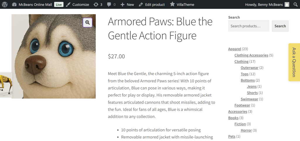 A product page for a husky action figure, featuring a vertical button with the text "Ask a Question" in the middle right edge of the screen.