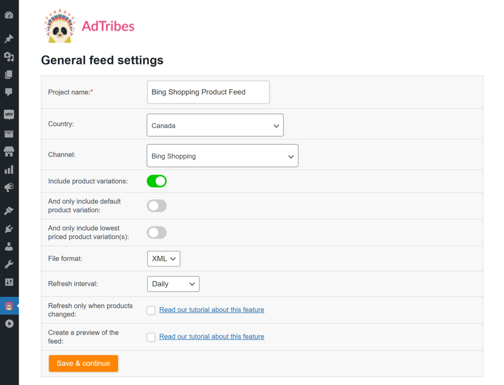 AdTribes' Bing Shopping product feed template, with options for the project name, target country, target channel, product variations, feed file format, and feed refresh interval.