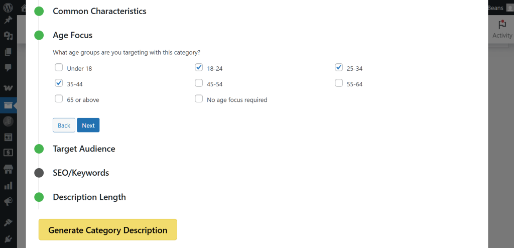 Multiple options, including the Age focus option, which comes with various choices