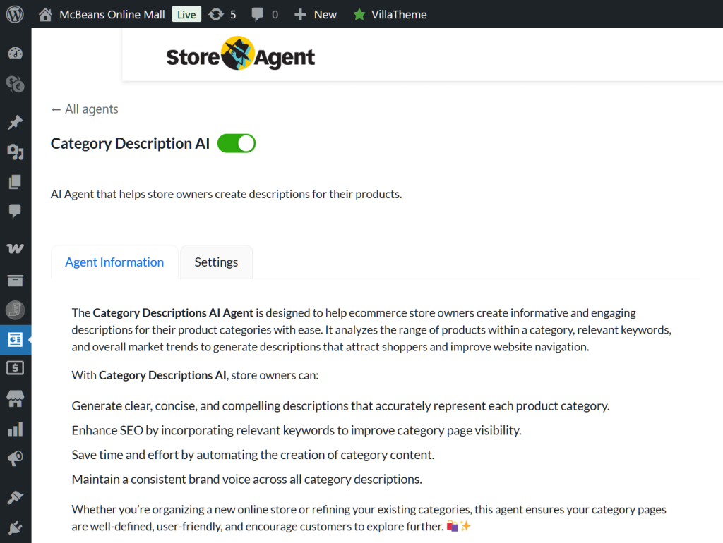 The Category Description AI's Agent Information tab, which details the tool's strengths and uses