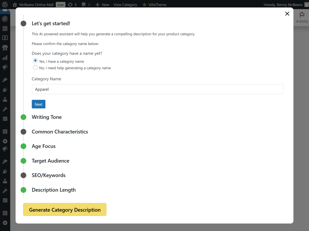 Multiple options for the Category Description AI, including the option to name a product