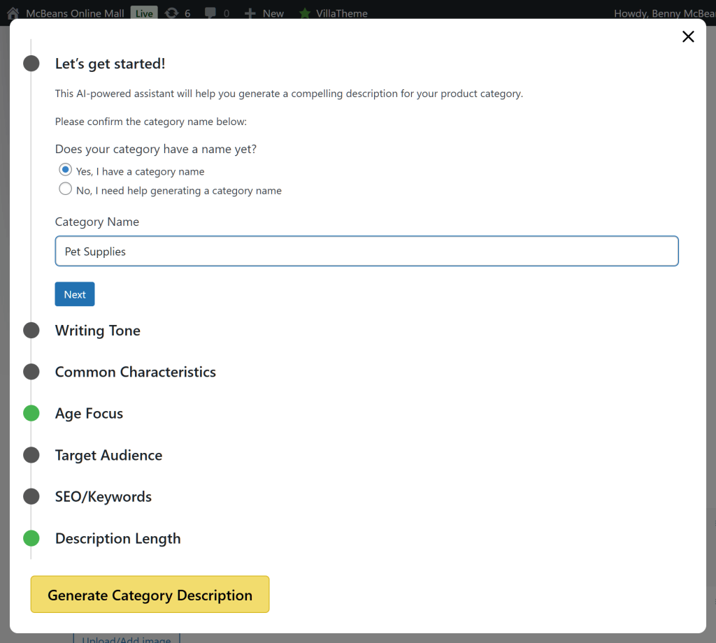 Multiple options for the Category Description AI, including the option to name a product