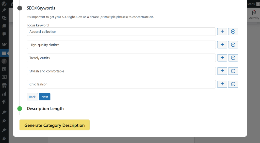 Multiple options, including the SEO/Keywords option, which allows the user to provide multiple keywords