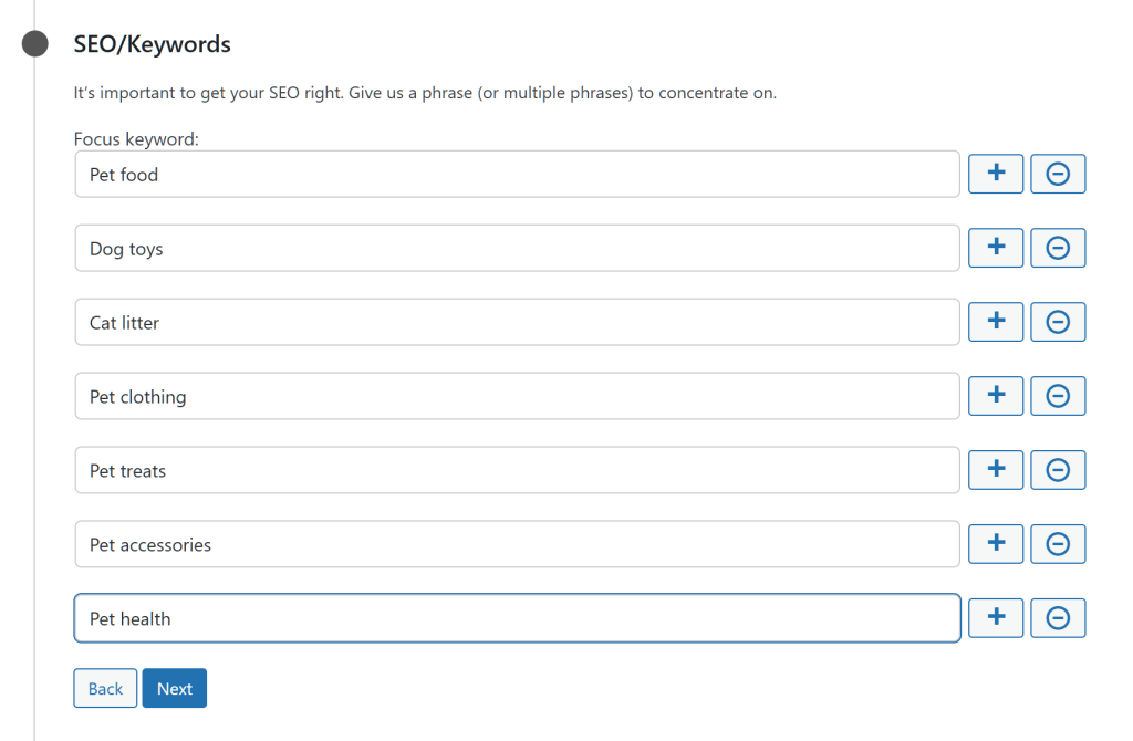Multiple options, including the SEO/Keywords option, which allows the user to provide multiple keywords