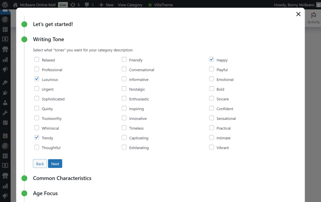 Multiple options, including the Writing Tone option, which comes with many choices