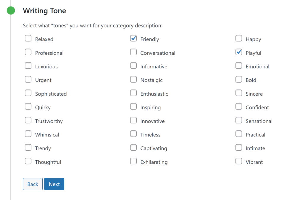 Multiple options, including the Writing Tone option, which comes with many choices