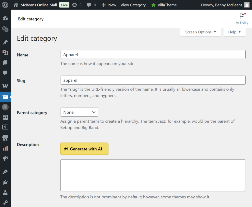 The Edit category screen, including entry fields and a "Generate with AI" button