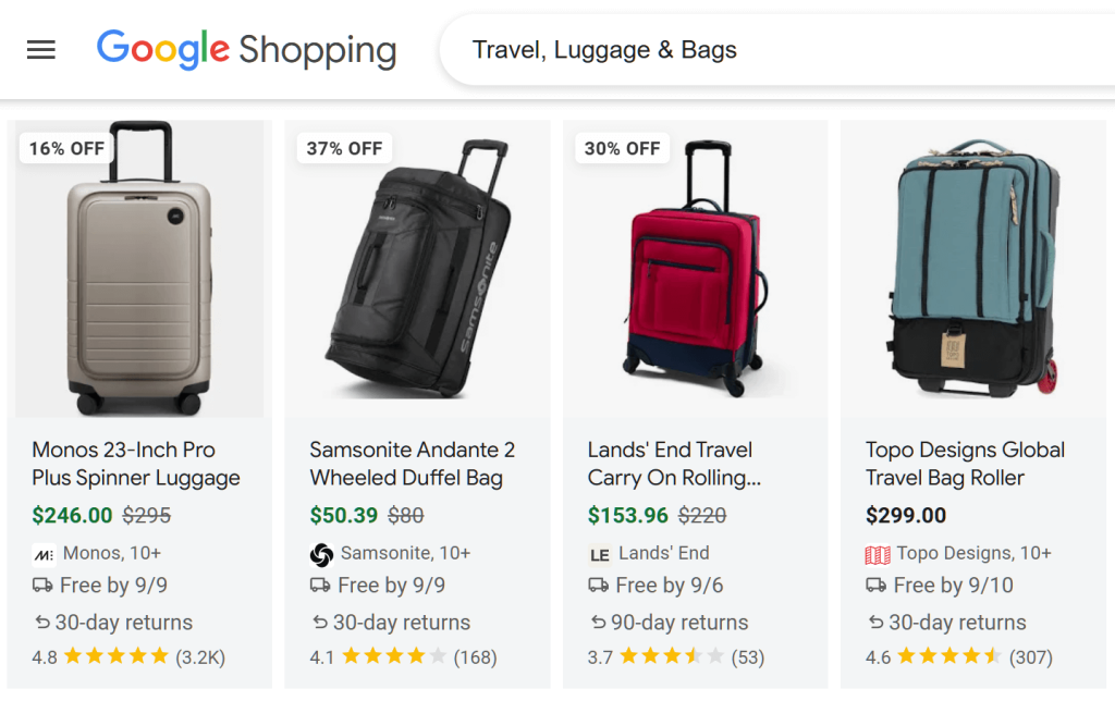 Four pieces of luggage on display on Google Shopping