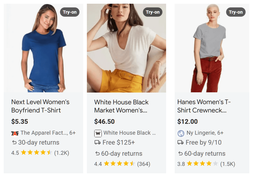 Women's fashion on display on Google Shopping