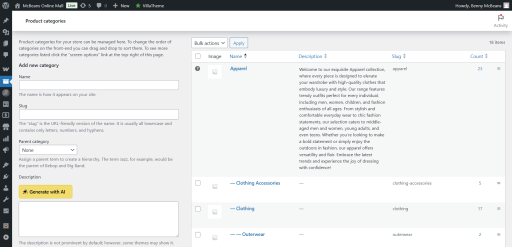 The Product categories screen with the Apparel category described