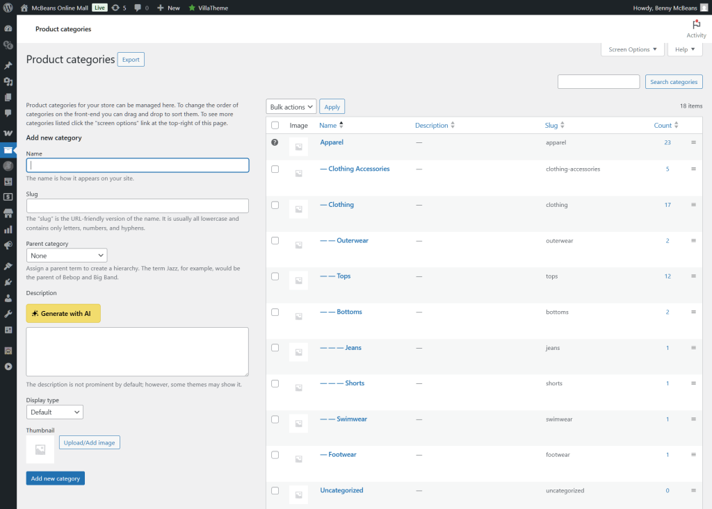 The Product categories screen, complete with a list of categories