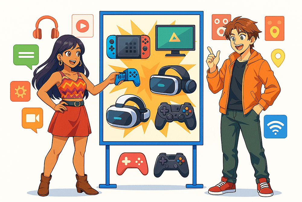 what-is-product-category-marketing-01 - StoreAgent a man and a woman in front of a screen showing different types of gaming gadgets as gaming-related symbols float around them