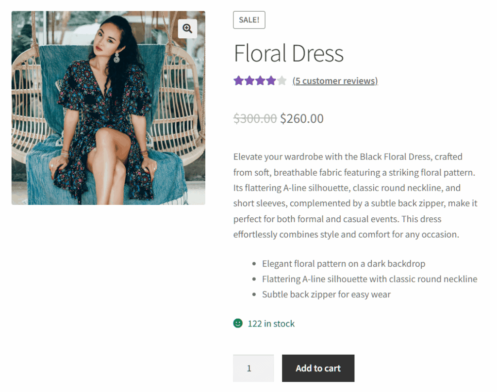 the product page for a floral dress, which includes an image of a woman in a floral dress and a short description.
