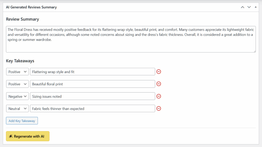 The review summary for a floral dress, including positive and negative key takeaways