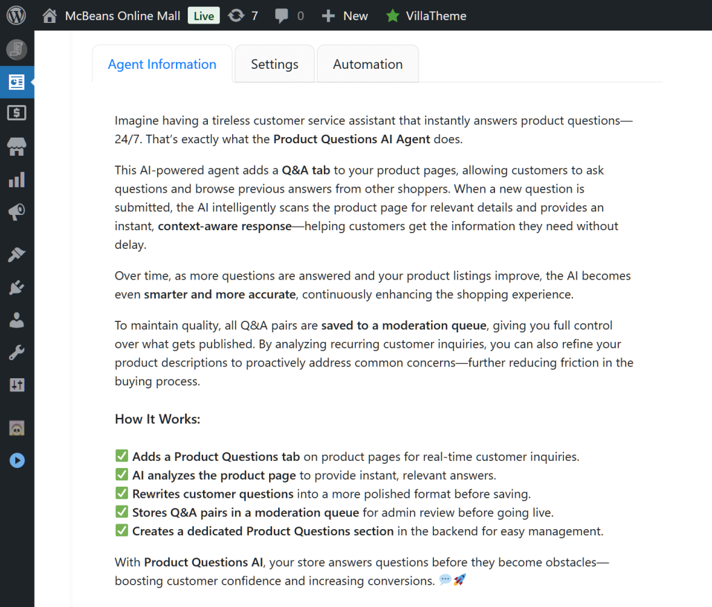 The Product Question AI's Agent Information tab, which details the tool's strengths and uses
