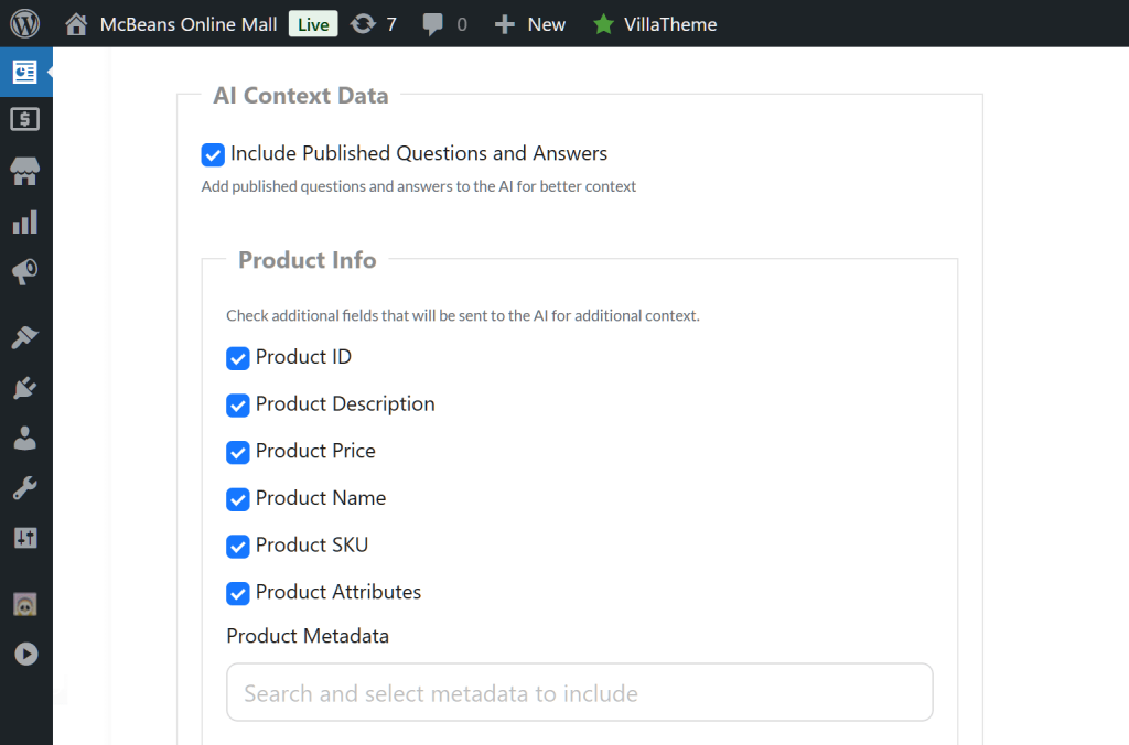 The "AI Context Data" option, with options for product info and the inclusion of data from published questions and answers