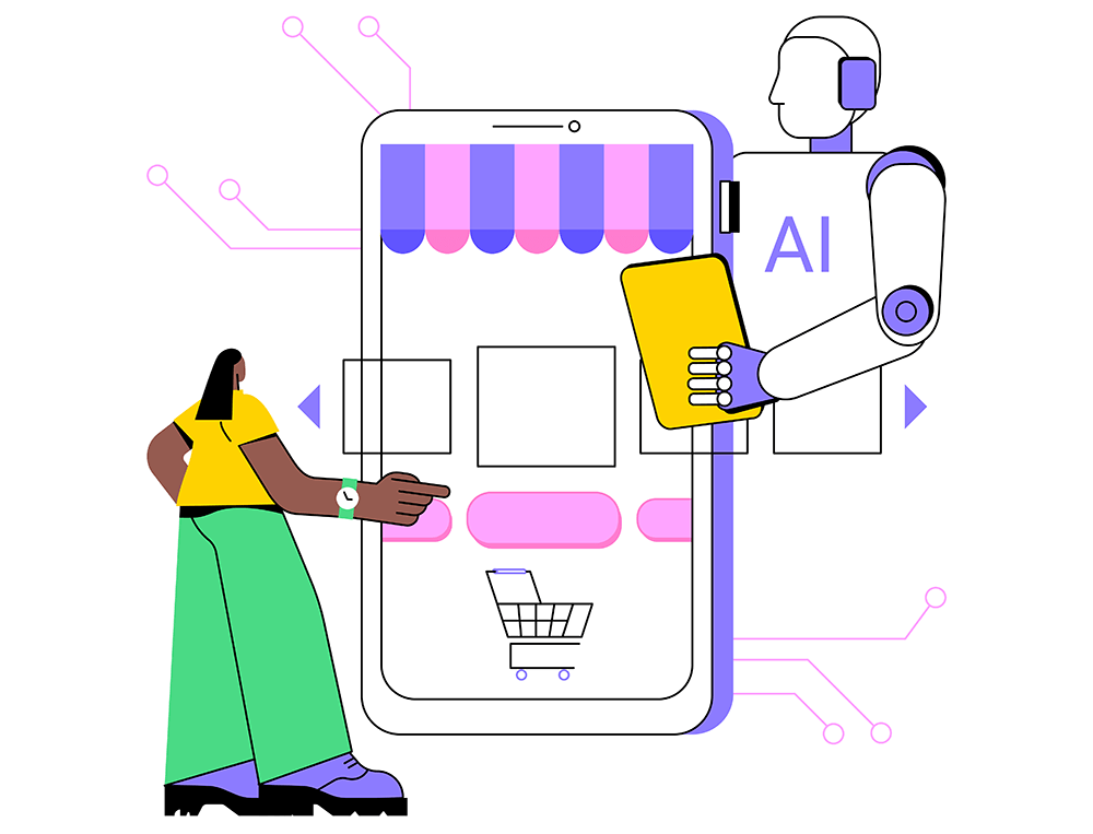 ai-retail-solutions-1 - StoreAgent A woman using a giant mobile phone to shop online as an AI robot assists her