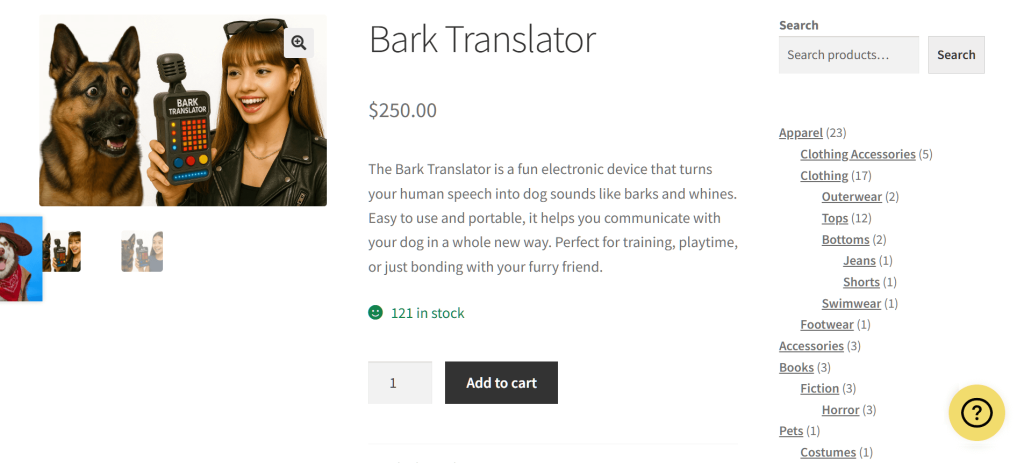 A product page for a product called the "Bark Translator," featuring a circular button in the lower right corner of the screen