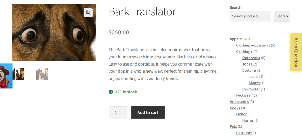 A product page for a product called the "Bark Translator," featuring a vertical button with the text "Ask a Question" in the middle right edge of the screen.