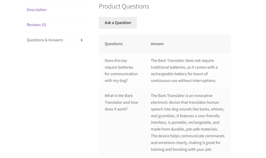 Two questions and answers about a product called "Bark Translator"