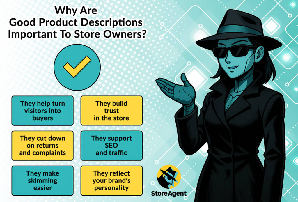 a cyborg detective wearing a black coat, shades, and hat gesturing at 6 boxes stating the reasons why good product descriptions matter to store owners
