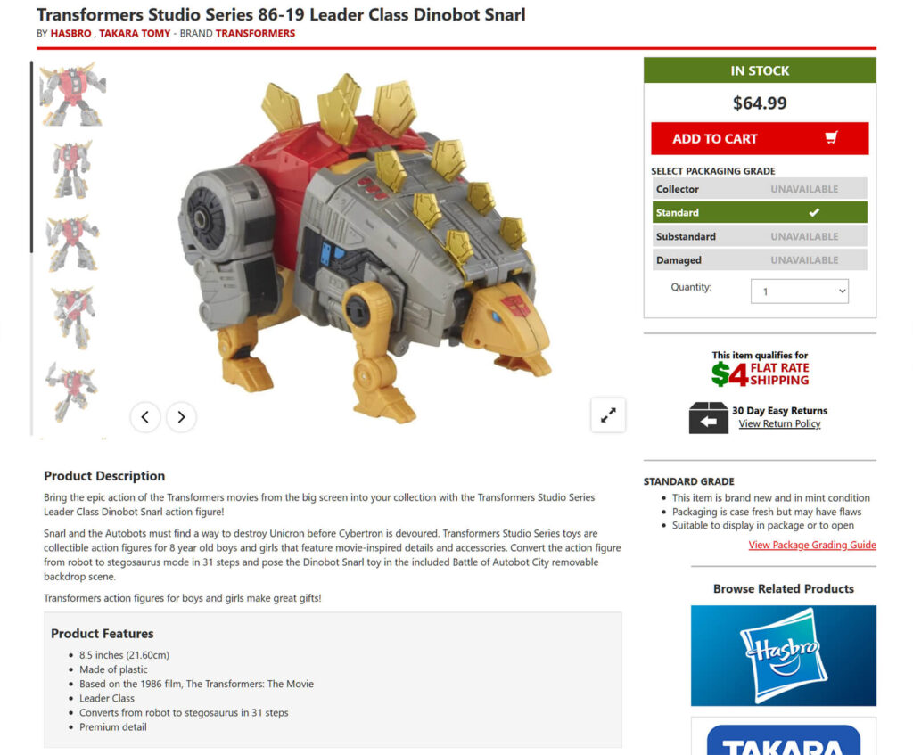 A product page on BigBadToyStore featuring a robot dinosaur