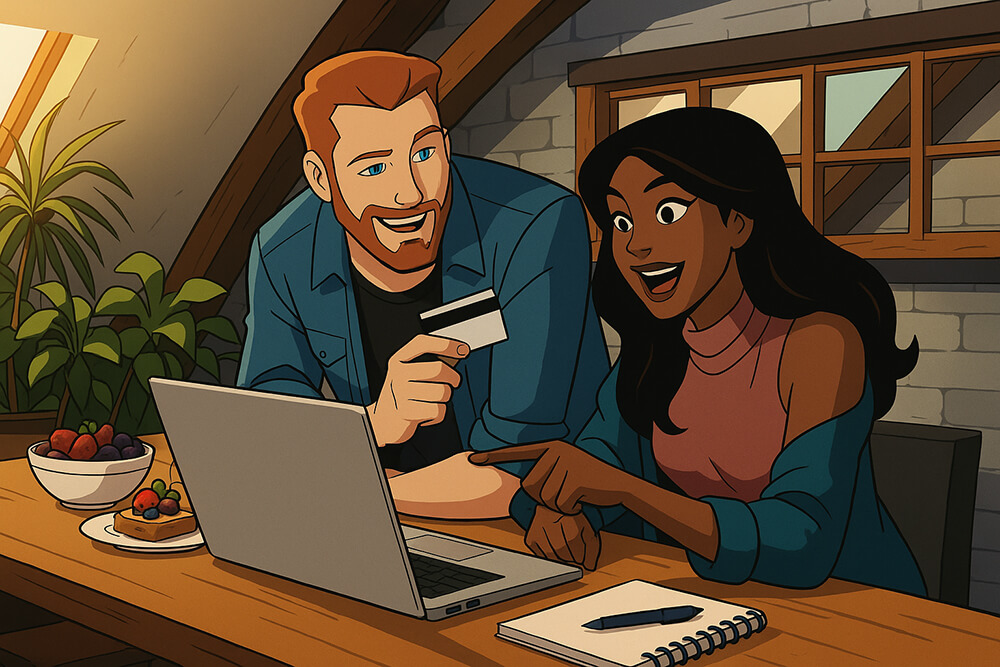 happy-online-shoppers-laptop - StoreAgent A happy man and woman using a laptop to shop online