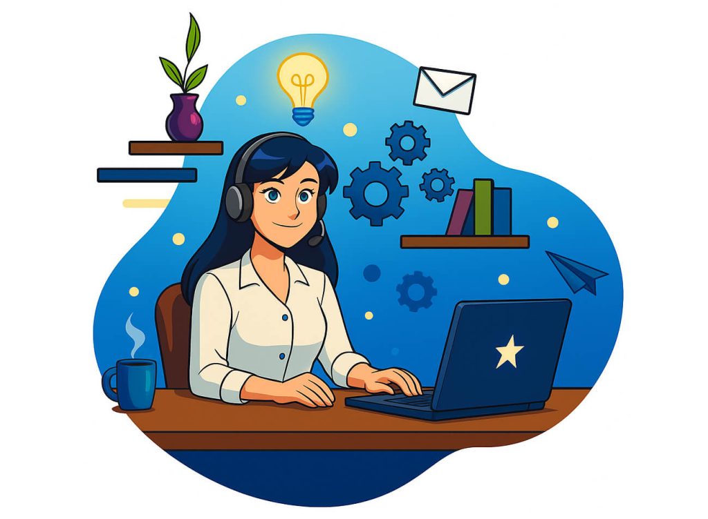 multi-vendor-marketplace-customer-service-1 - StoreAgent A woman using a laptop as a lightbulb, envelopes, gears, books, a flower in a vase, paper planes, mug of steaming drink, and bubbles float around her