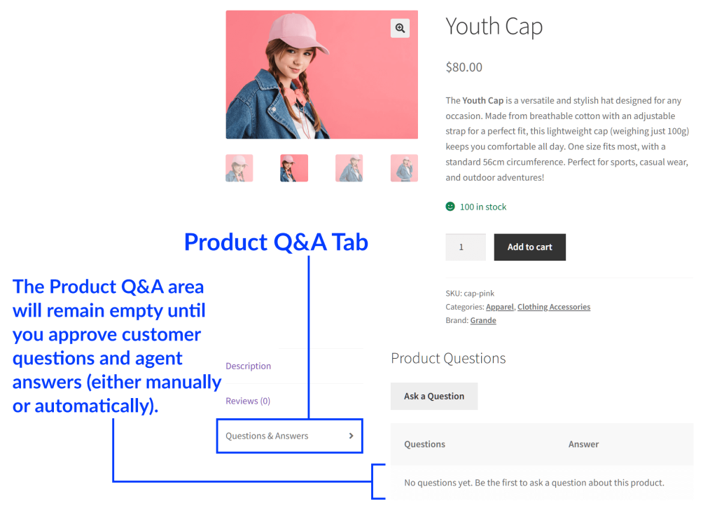 A product page featuring a cap called "Youth Cap," complete with descriptions, pricing, and stock level
