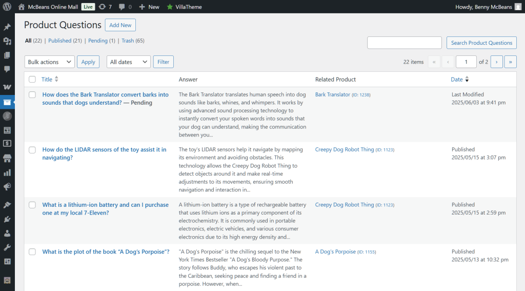 The Product Questions screen, with a list of product questions and answers