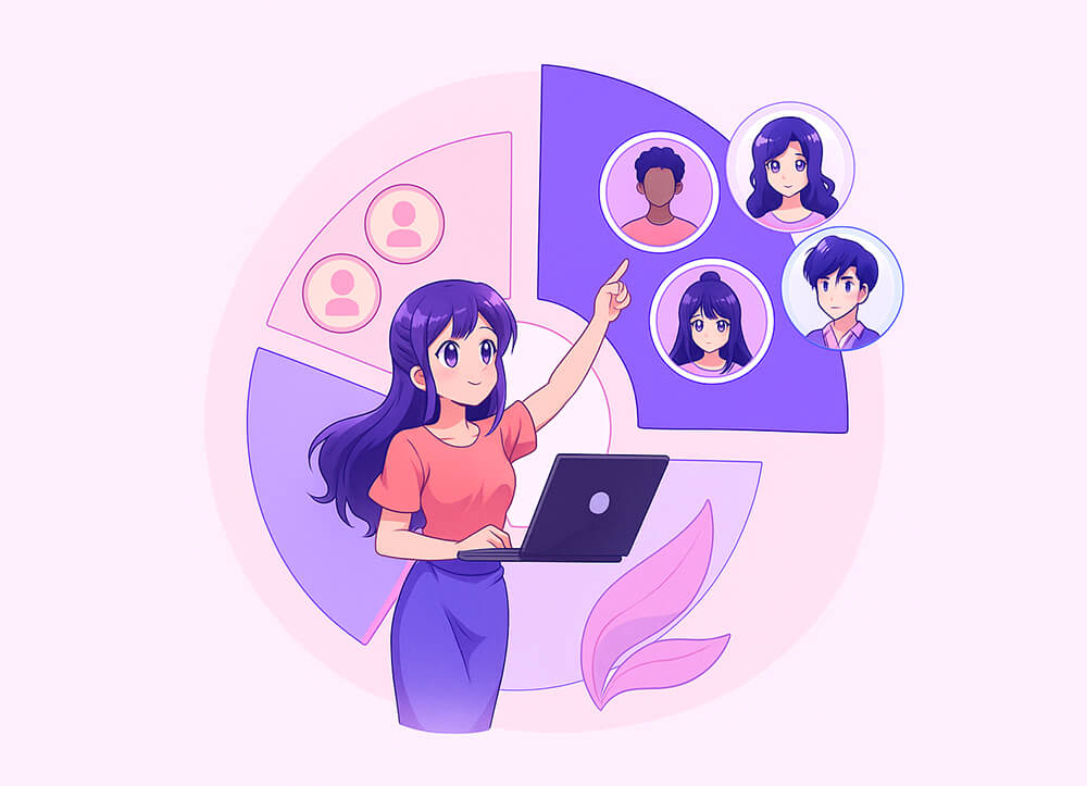 target-market-and-target-audience-02 - StoreAgent A woman pointing at four faces within circles, behind of whom is a giant pie chart