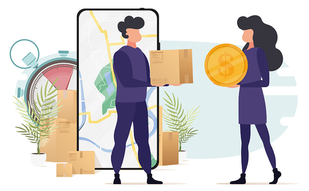 A woman offering a giant coin to a man offering a box, who has just emerged from a giant mobile phone, behind which sits a pile of boxes