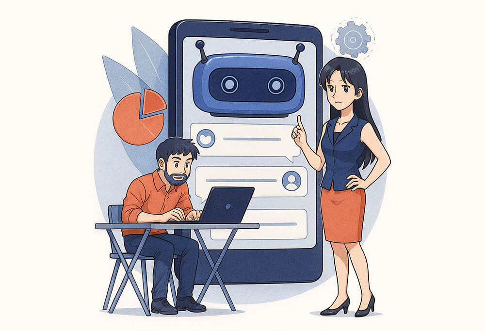 A standing woman pointing at a robot on a giant smartphone screen as a man seated at a table uses his laptop