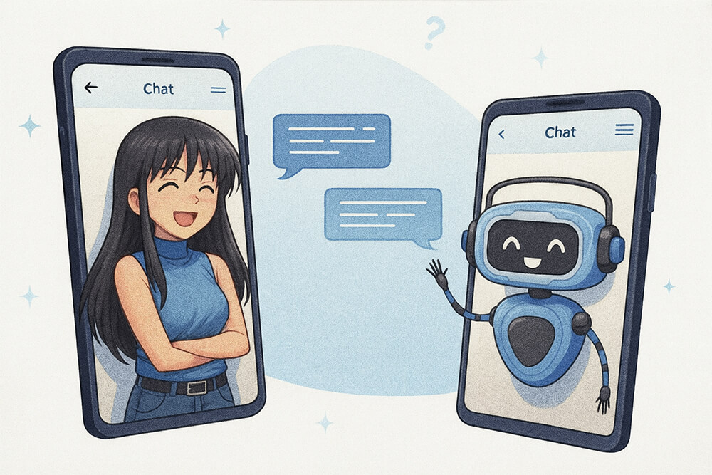 A woman on a smartphone screen chatting with a robot emerging from a smartphone screen