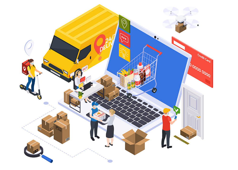 An illustration depicting e-commerce, featuring a laptop with a shopping cart, delivery truck, drone, and individuals involved in package handling and delivery.