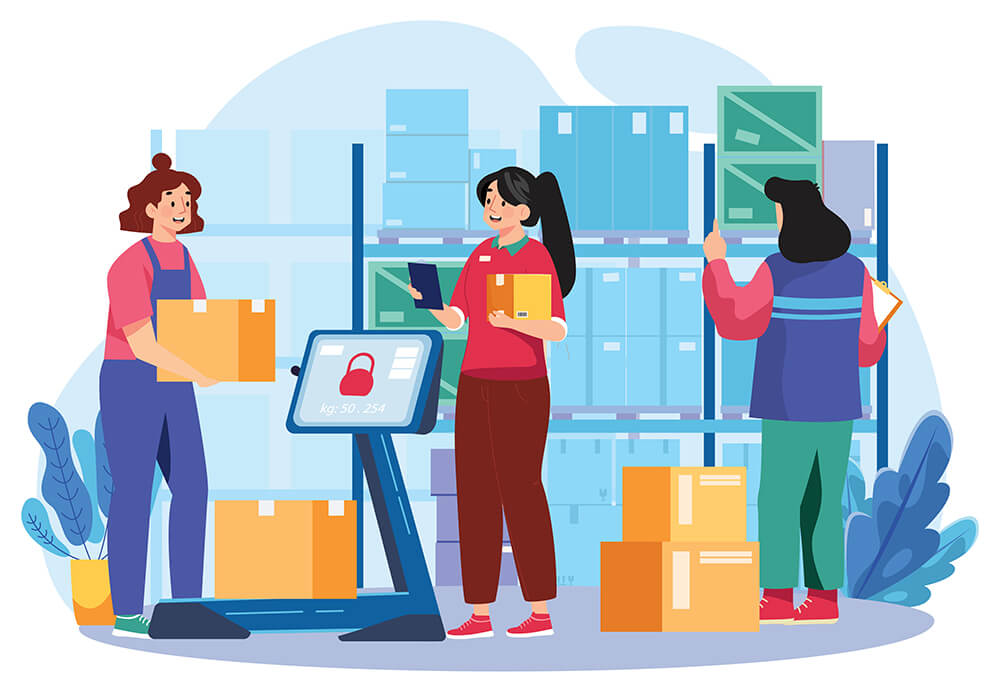 Three women are working in a warehouse, handling boxes and using a scale, surrounded by organized shelves of products.