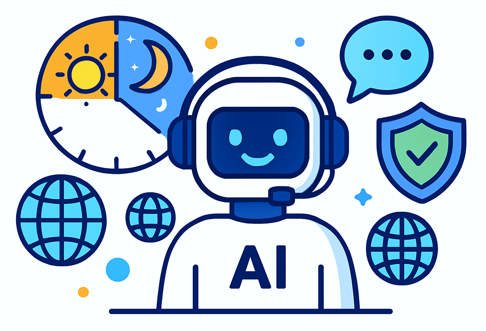 benefits-of-ai-in-customer-service-01 - StoreAgent An AI customer support agent surrounded by globes and a clock