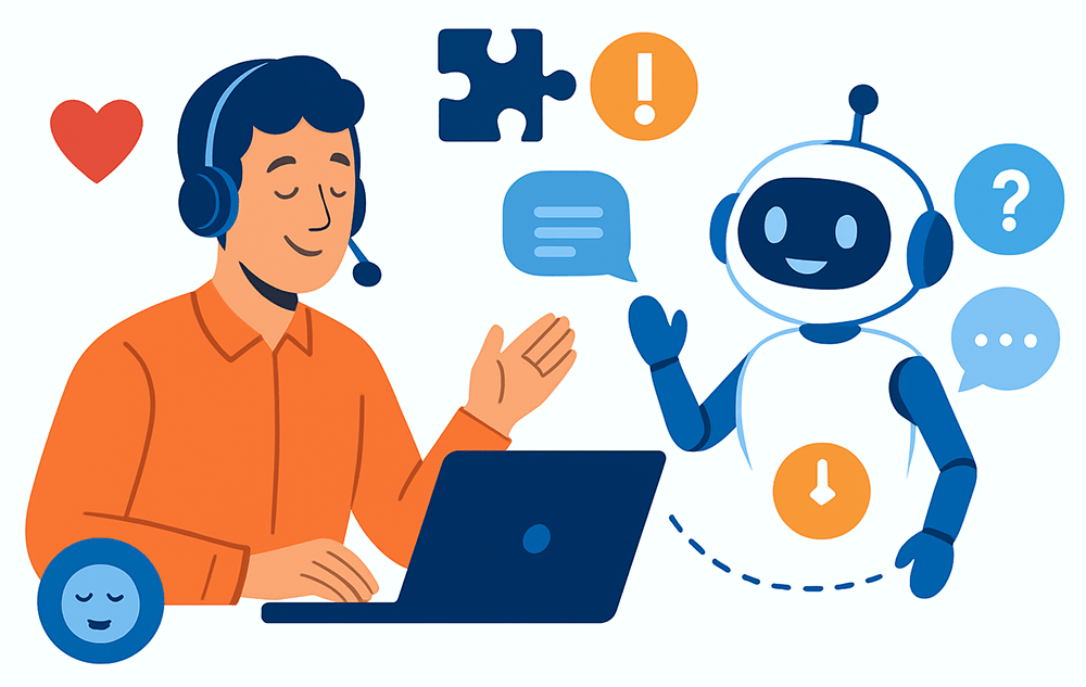 benefits-of-ai-in-customer-service-02 - StoreAgent A customer support agent using a laptop and speaking to an robot