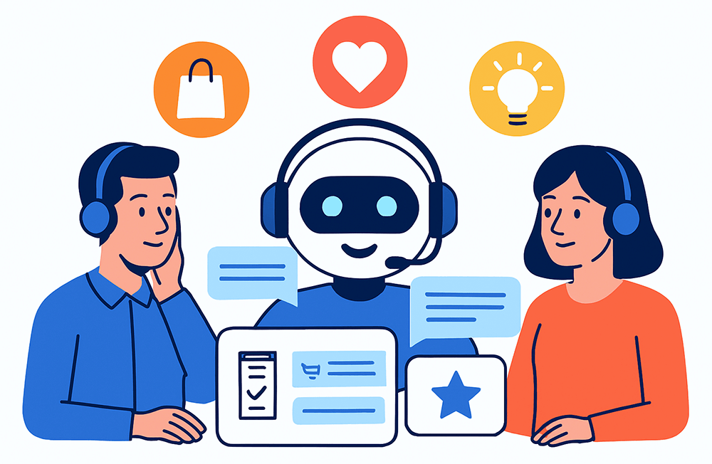benefits-of-ai-in-customer-service-04 - StoreAgent A robot customer support agent speaking to two people