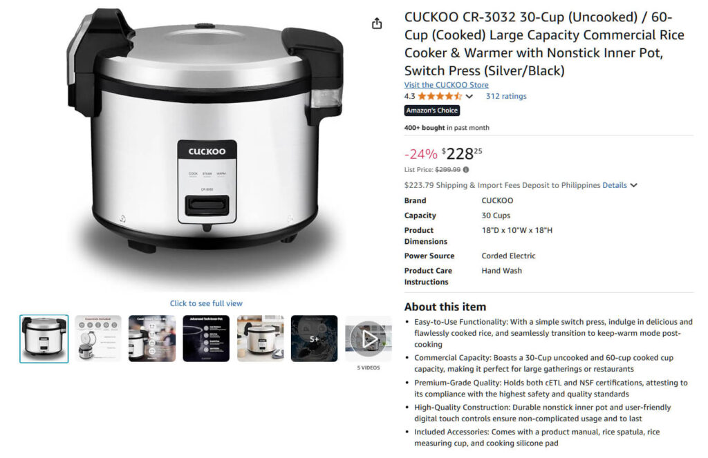 A large silver and black rice cooker with a nonstick inner pot, featuring simple controls for cooking and warming rice.