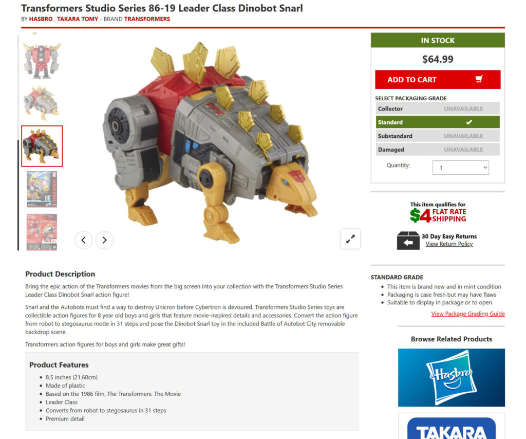 A colorful action figure of Dinobot Snarl from the Transformers series, featuring intricate details and a transformable design.