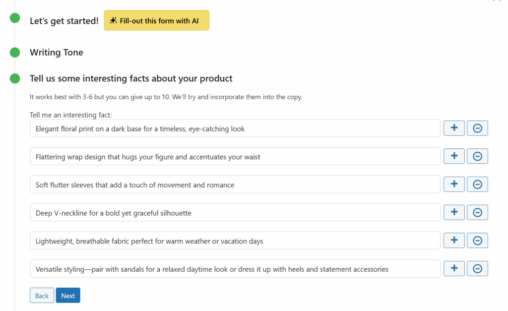 Form asking for product features like floral print, wrap design, flutter sleeves, V-neckline, and fabric info.