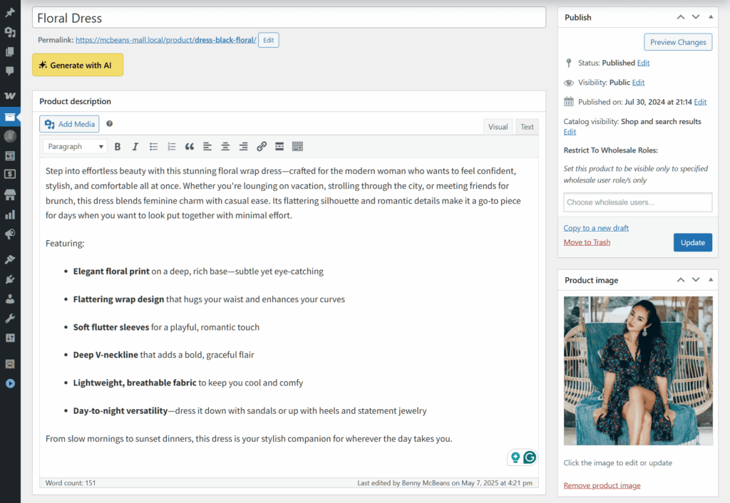 Product description editor in WordPress showing a floral dress listing with styled text and a product image of a woman in a chair.